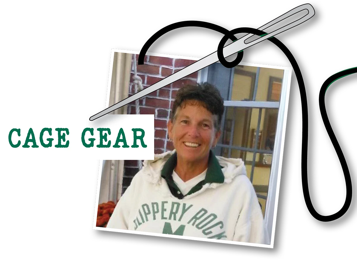 Cage Gear typography; digital illustration of a needle and thread; woman wearing a vintage Slippery Rock sweater