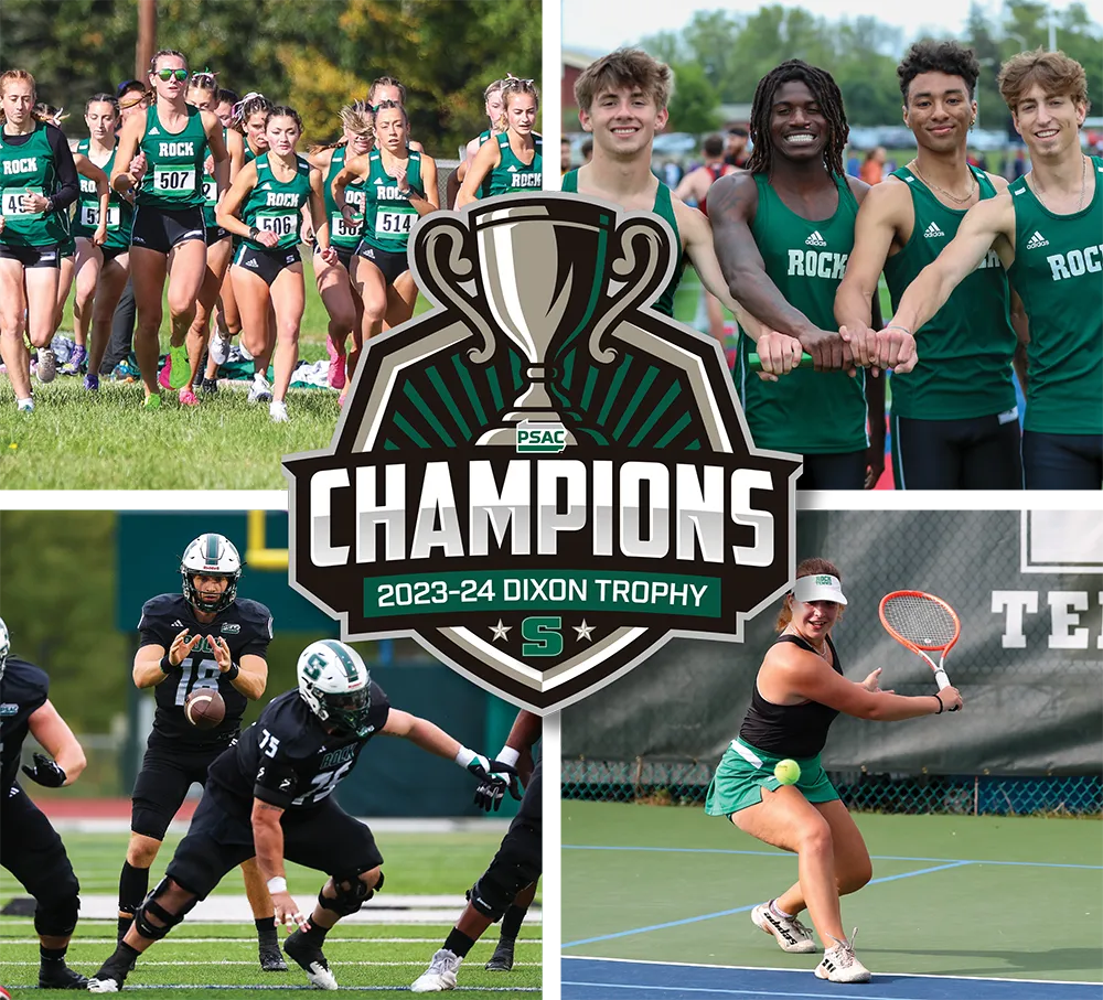 2023-24 Dixon Trophy icon featuring background images of the Slippery Rock University cross country team, members of the track team, action during a football game, and a female tennis player