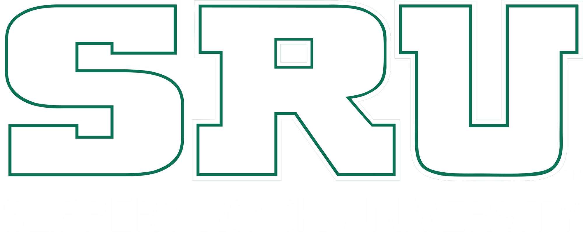 Digital vector typography of the SRU logo, which stands for SLIPPERY ROCK UNIVERSITY as there happens to be a small little trademark symbol labeled TM at the lower right corner next to the letter U