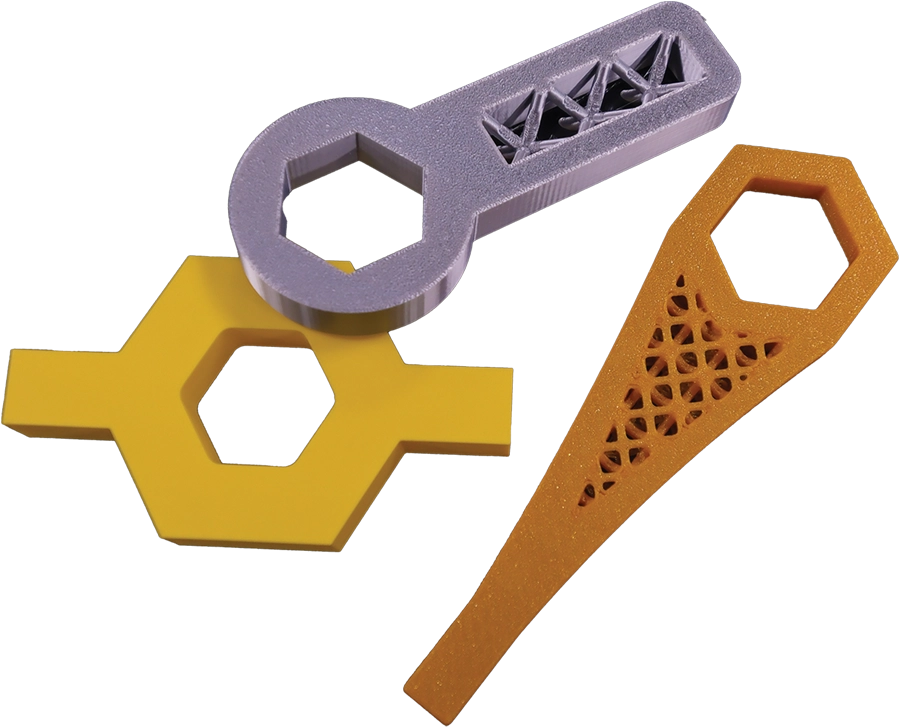 three 3D printed hexagonal wrench tools