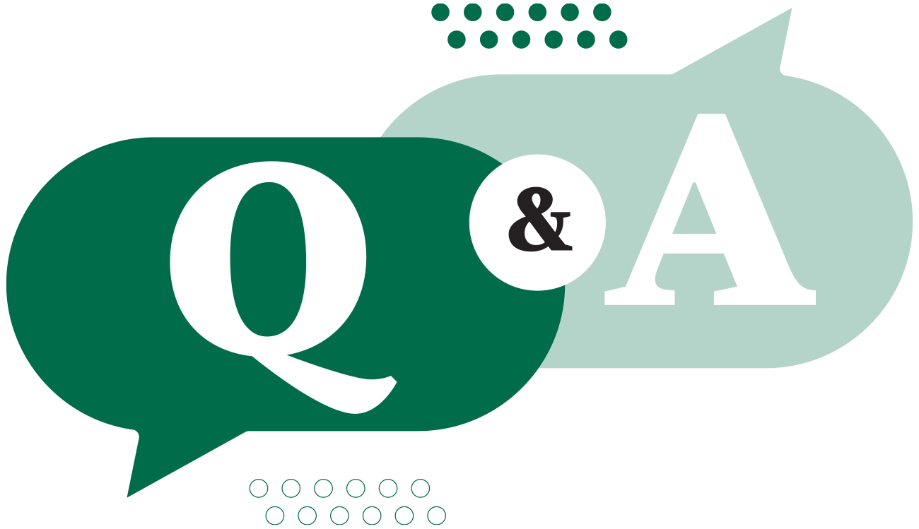 A graphic featuring two overlapping speech bubbles. The left bubble is dark green and contains a large white letter "Q". The right bubble is a lighter shade of green and contains a large white letter "A".