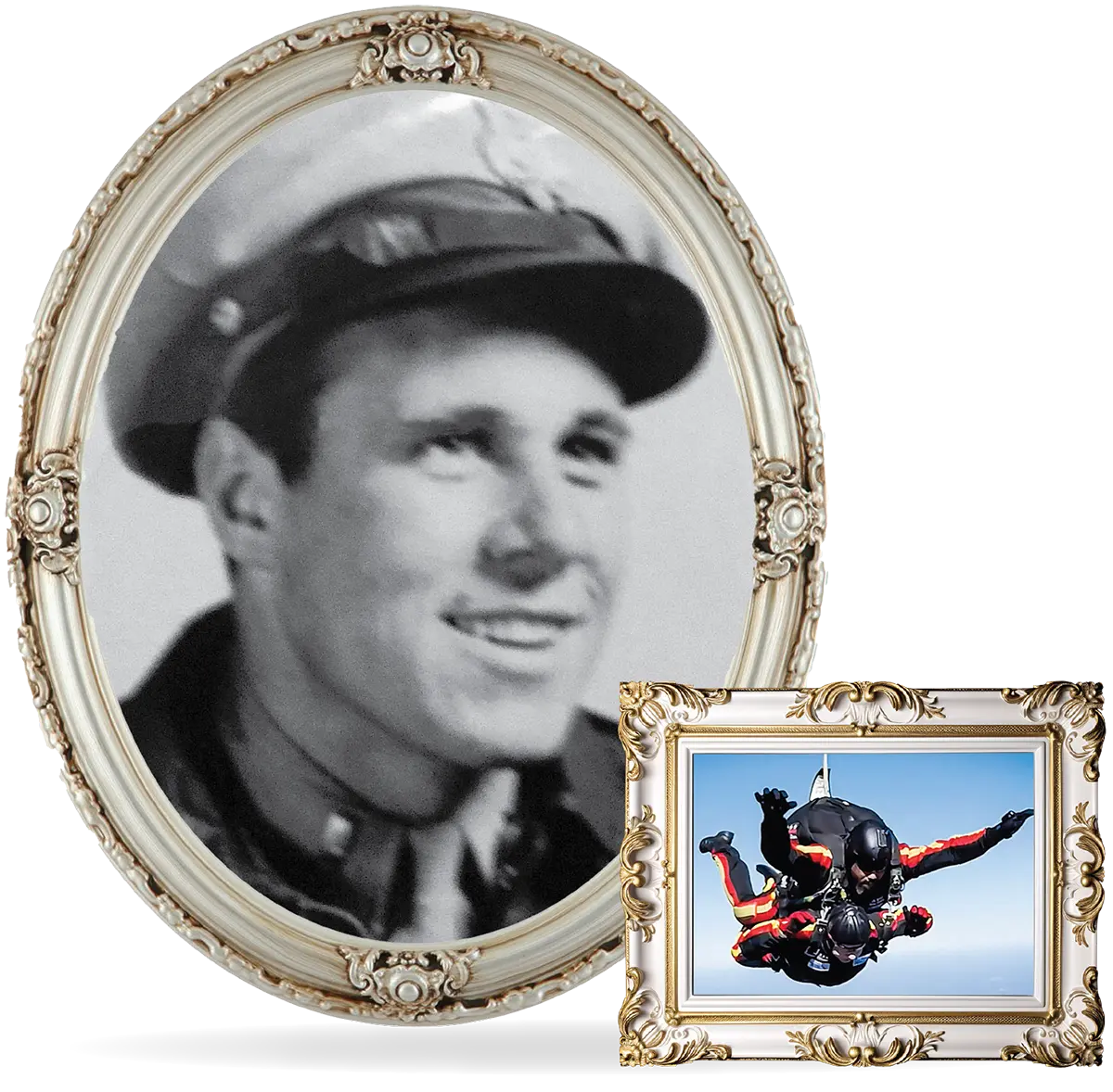 A composite image featuring a large, oval, black and white framed vintage photo of Edwin Cottrell, a smiling young man in a military cap and outfit, superimposed with a smaller, square, color framed photo of two people skydiving in black and red jumpsuits against a blue sky [For Edwin Cottrell's 100th birthday, he performed a tandem skydive with Mike Elliott of All Veteran Group, Nov. 8, 2021, in North Carolina (photo courtesy of All Veteran Group)]