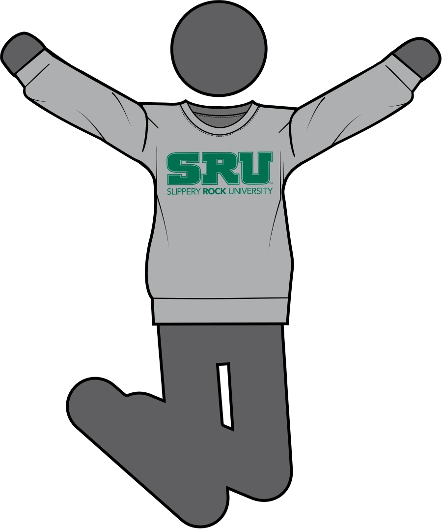 vector graphic of a figure wearing an SRU sweatshirt jumping for joy