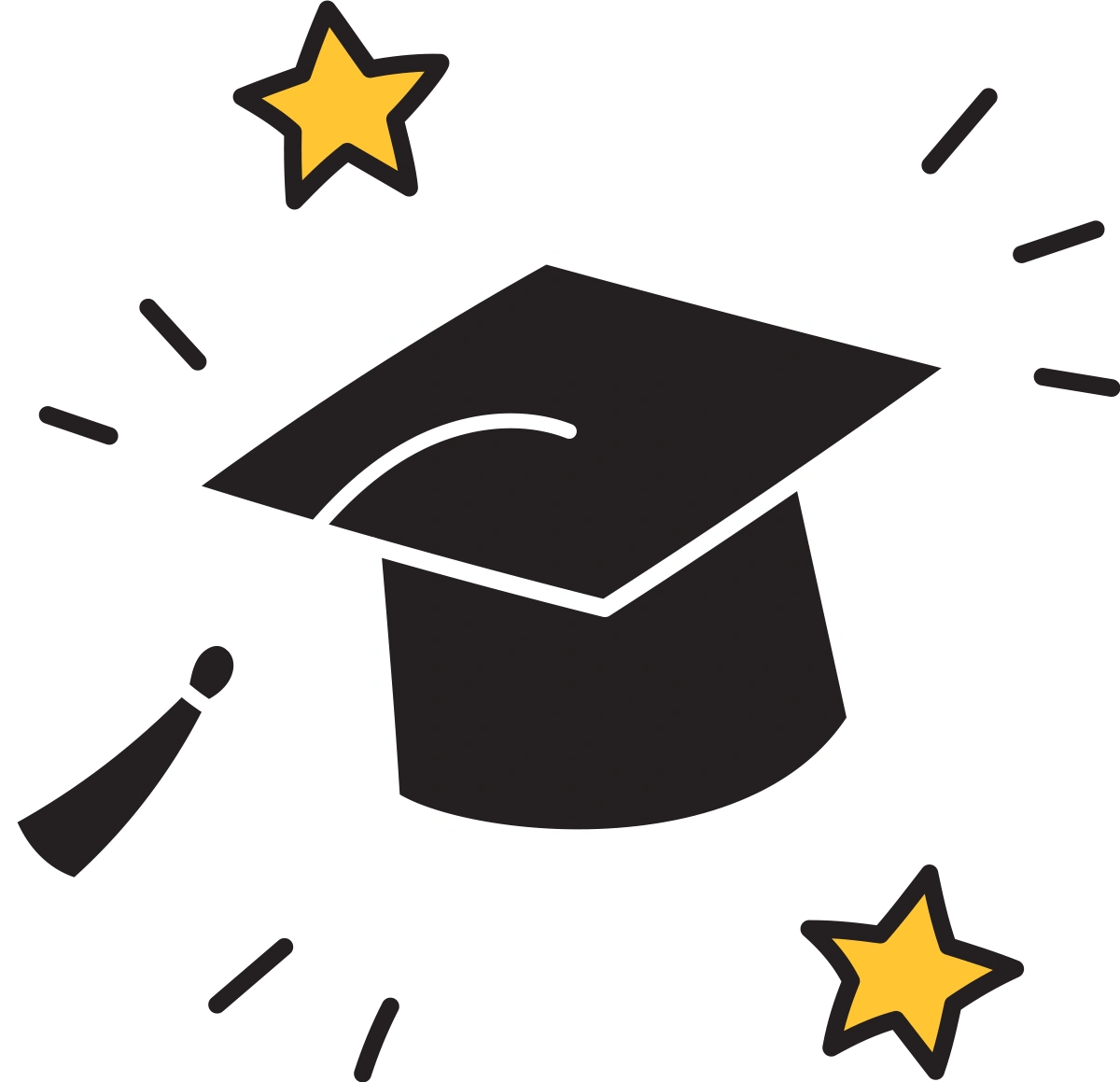vector graphic of a black graduation cap with yellow stars
