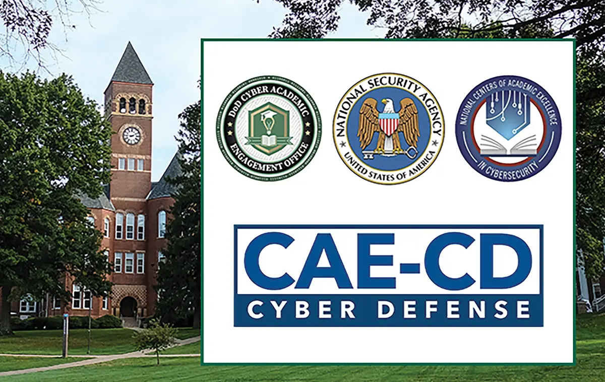 National Centers of Academic Excellence in Cybersecurity (CAE-CD) logo, alongside the NSA and DoD emblems, set against a university building background.