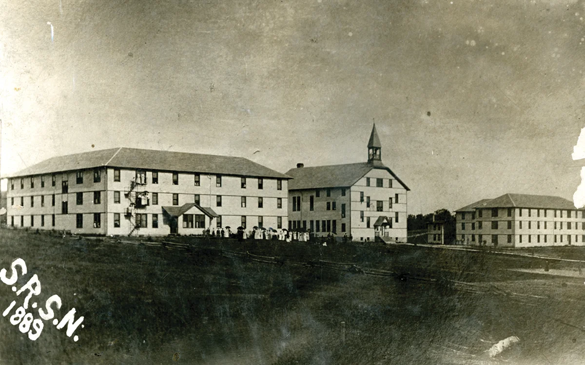 black and white photograph of SRU’s North Hall, Chapel and South Hall in 1889