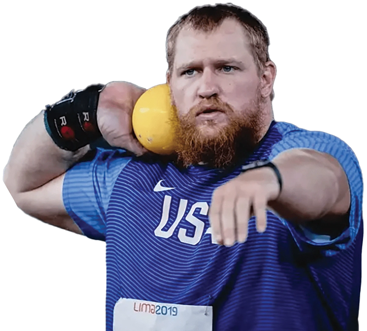 SRU assistant track and field coach Jordan Geist in a blue USA athletic t-shirt prepares for a throw with a yellow shot put ball