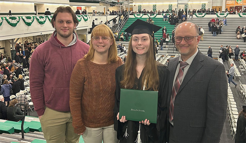 From left, the Zimmerman family — Ryan, Nancy, Kaylee and Mike — at Kaylee’s graduation ceremony in December 2025.