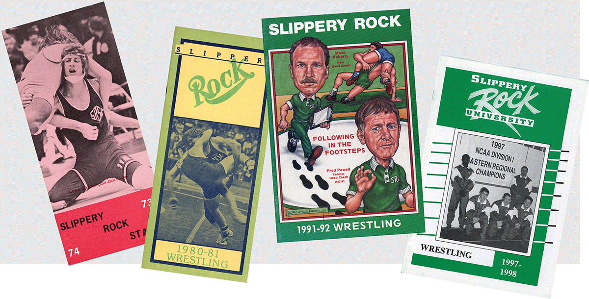 Four vintage Slippery Rock University wrestling program covers displayed side by side.