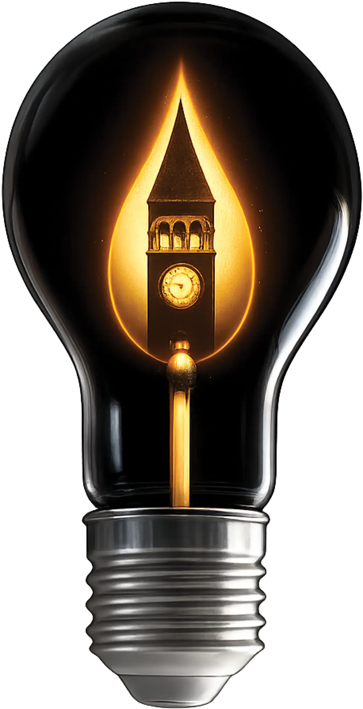 A glowing, flame-shaped filament inside a lightbulb illuminates a silhouette of the Slippery Rock clock tower.