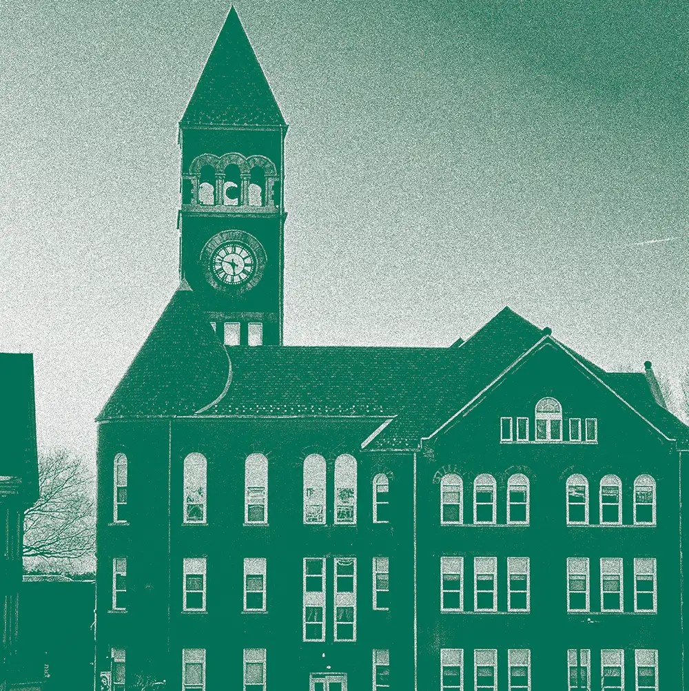 A stylized graphic of the Slippery Rock University clock tower building rendered in a green and white halftone print.