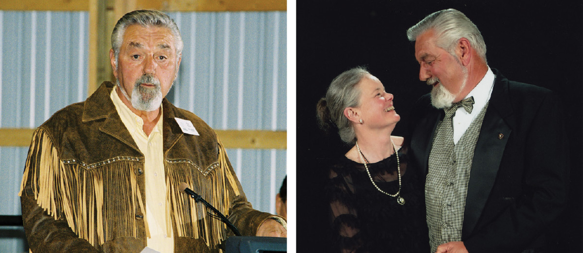 A side-by-side composite photo showing the man in the fringed jacket on the left and the same man with his wife in formal wear on the right.