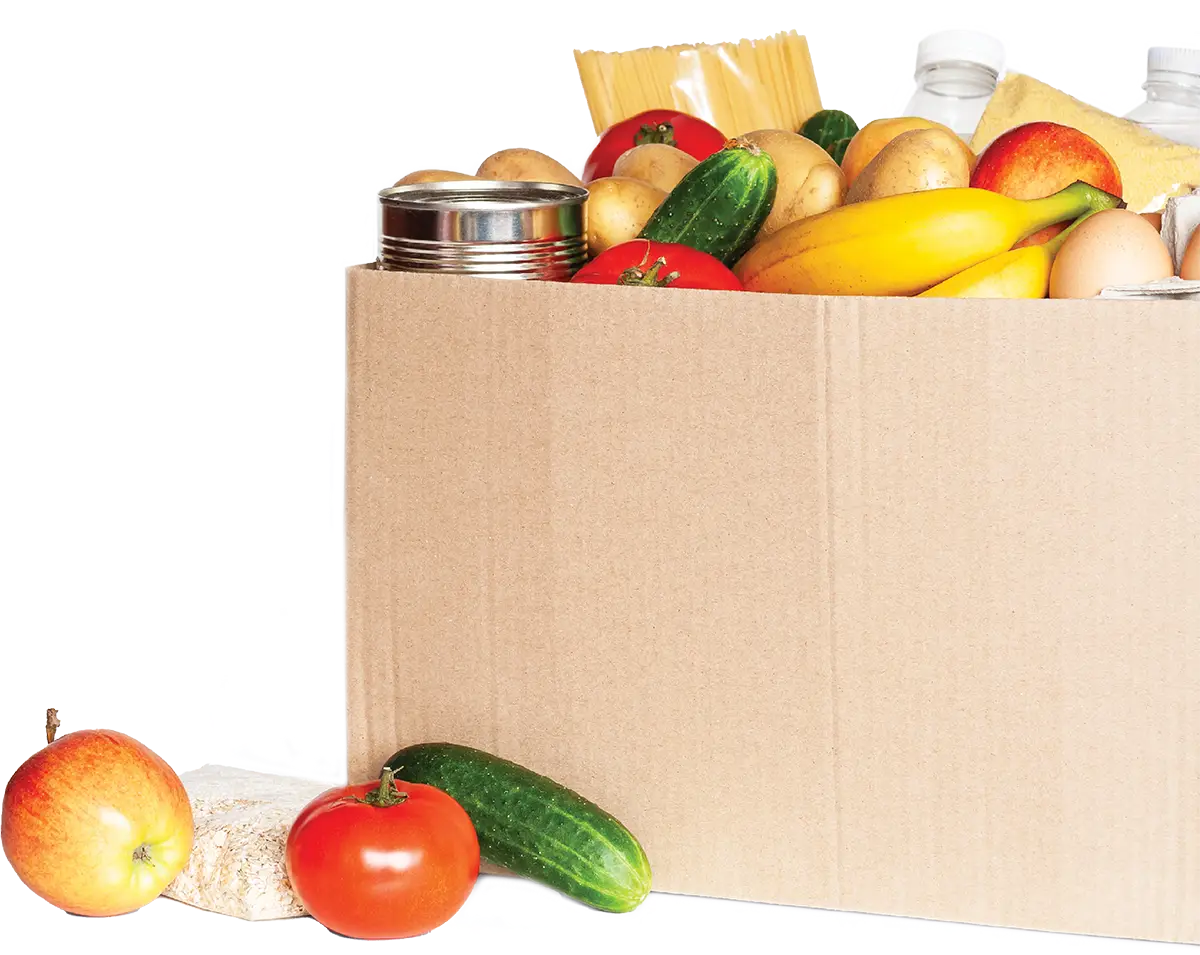 A cardboard box filled with assorted groceries, including fresh fruits, vegetables, eggs, and canned goods, against a white background. An apple, tomato, and cucumber sit on the surface next to the box.